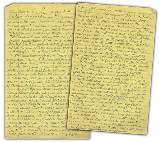 Moe Howard's Handwritten Manuscript Page When Writing His Autobiography -- Unpublished Details About Larry's Philandering, ''it cost Larry another diamond ring'' -- Two Pages on One 8'' x 12.5'' Sheet